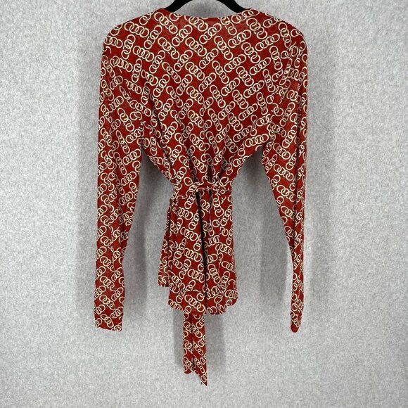 Cabi Ringleader Wrap Top Size S Red Signet Chain Print Mesh Long Sleeve 3951 - Picture 5 of 11